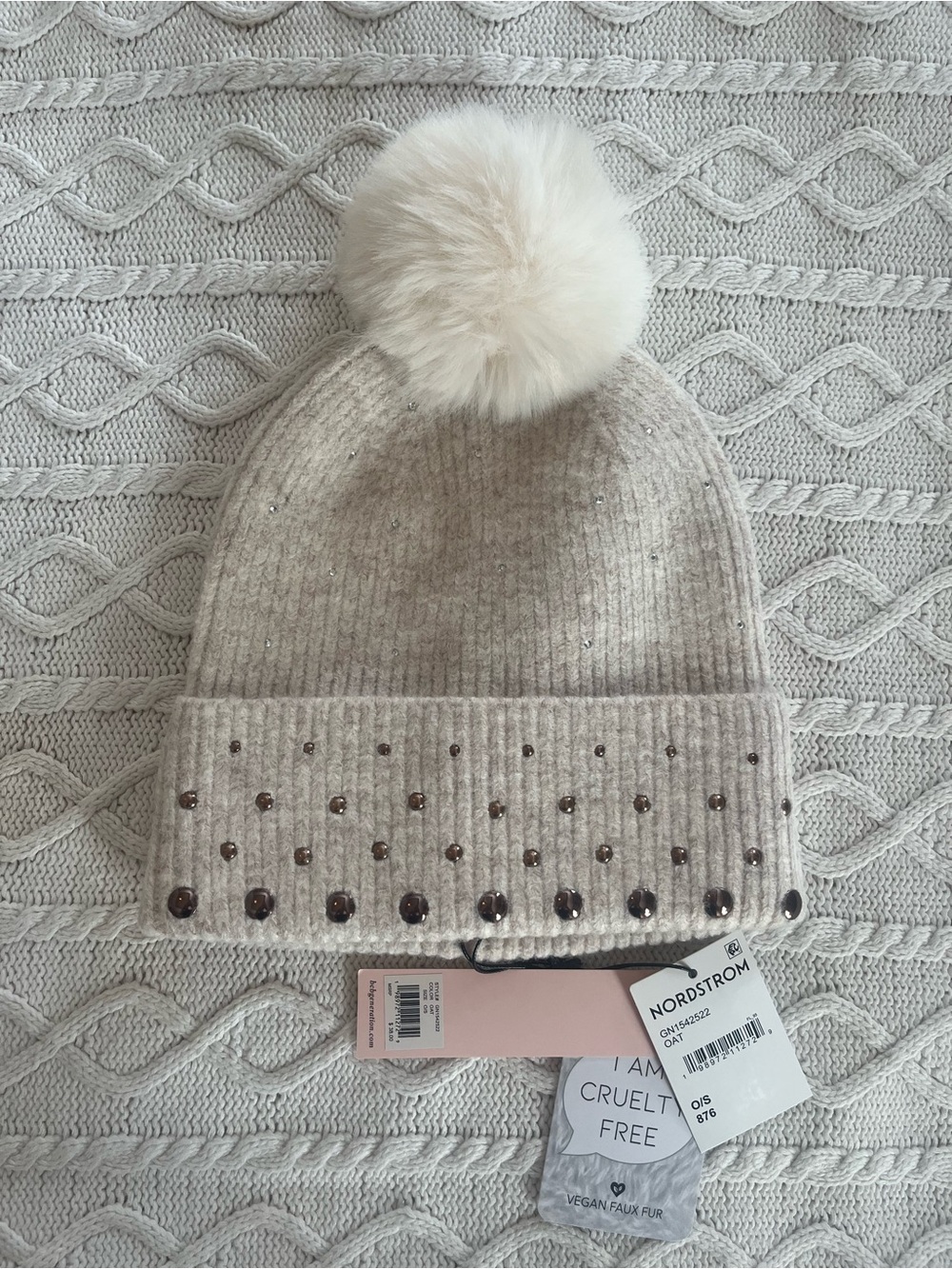 BCBG Oat Pom Pom Beanie with Rhinestones & Studs OS